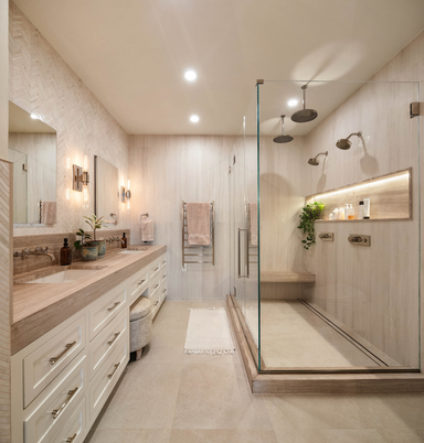 Bathroom, Dual Sink Vanities, Glass Shower, Interior, Recessed Lighting
