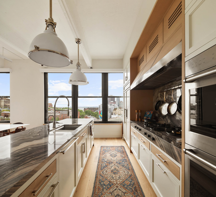 Interior, Kitchen, Pendant Lights, Stainless Steel Appliances, Water, Wood Texture Flooring