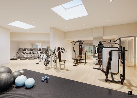 Fitness Equipment, Gym, Interior, Recessed Lighting, Wood Texture Flooring