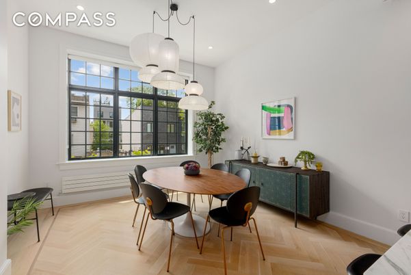 Dining room, Interior, Pendant Lights, Recessed Lighting, Wood Texture Flooring