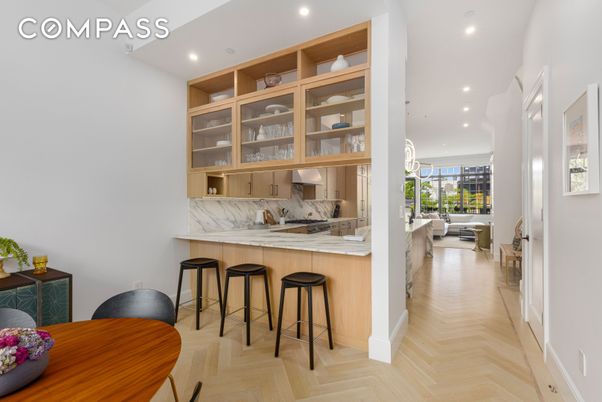 Interior, Kitchen, Marble Walls, Recessed Lighting, Wood Texture Flooring