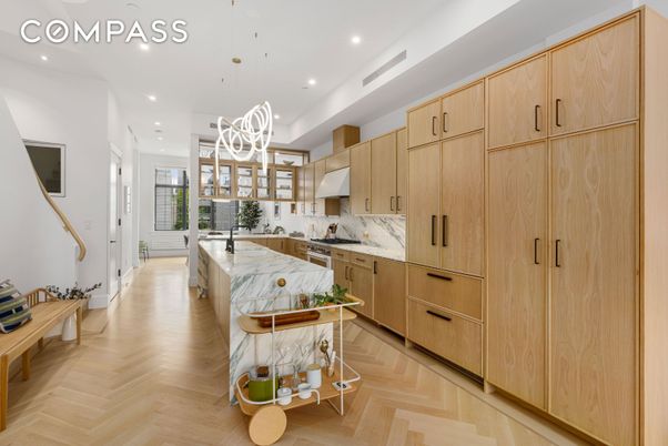Interior, Kitchen, Marble Walls, Pendant Lights, Recessed Lighting, Wood Texture Flooring