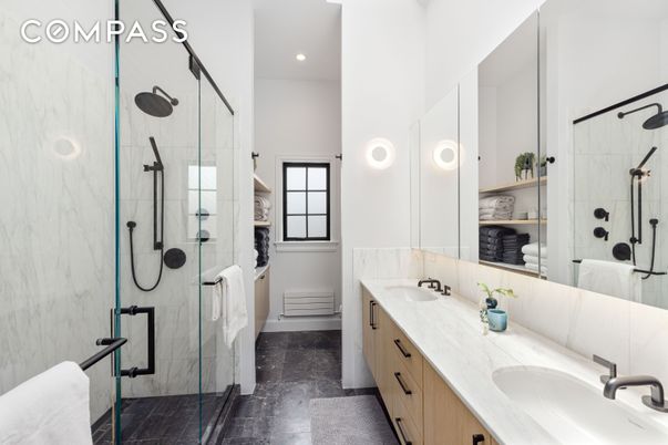 Bathroom, Dual Sink Vanities, Glass Shower, Interior, Marble Walls, Recessed Lighting