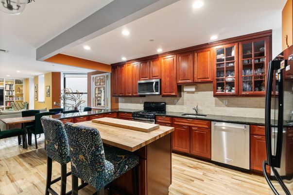 Dining room, Interior, Kitchen, Recessed Lighting, Stainless Steel Appliances, Wood Texture Flooring
