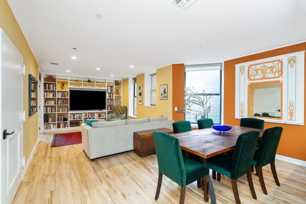 Dining room, Interior, Living room, Recessed Lighting, Wood Texture Flooring