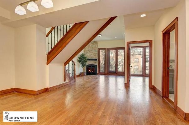 Empty room, Fireplace, Interior, Recessed Lighting, Wood Texture Flooring