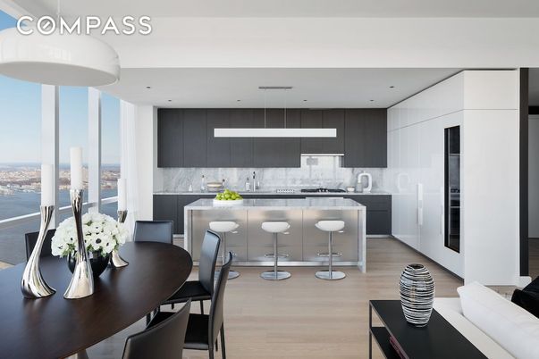 Dining room, Interior, Kitchen, Pendant Lights, Recessed Lighting, Stainless Steel Appliances, Water, Wood Texture Flooring