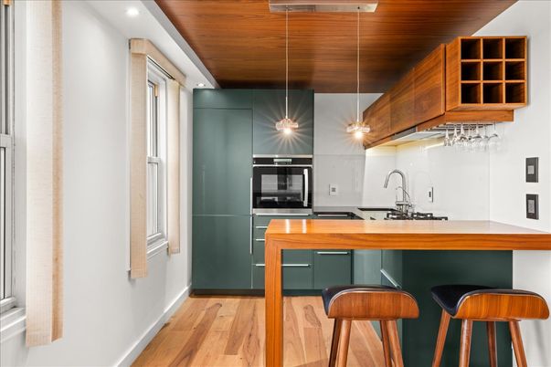 Interior, Kitchen, Pendant Lights, Recessed Lighting, Stainless Steel Appliances, Wooden Ceilings, Wood Texture Flooring