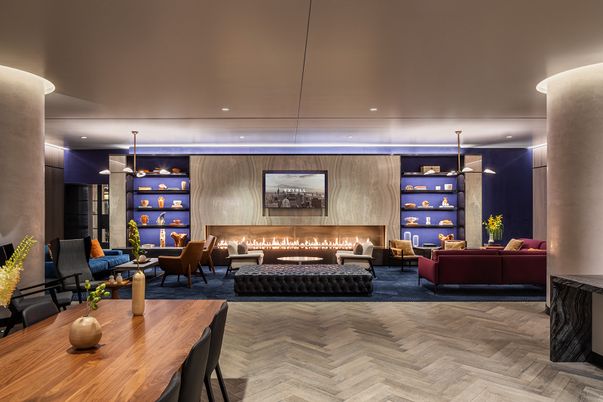 Dining room, Fireplace, Interior, Living room, Pendant Lights, Recessed Lighting, Wood Texture Flooring