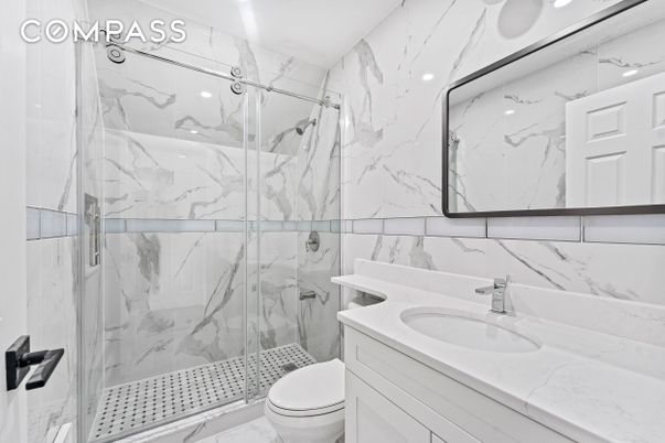 Bathroom, Glass Shower, Interior, Marble Walls, Recessed Lighting