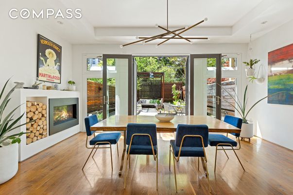 Dining room, Fireplace, Interior, Pendant Lights, Wood Texture Flooring