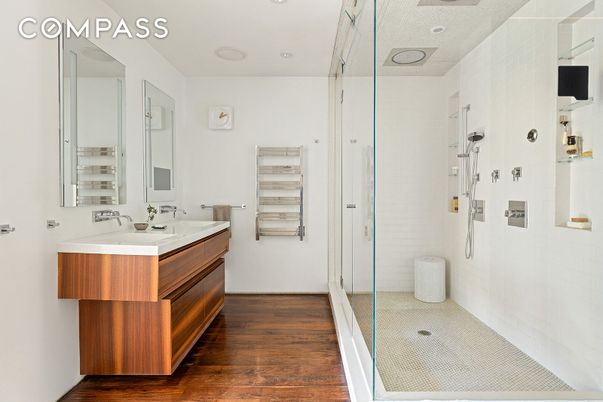 Bathroom, Glass Shower, Interior, Recessed Lighting, Wood Texture Flooring