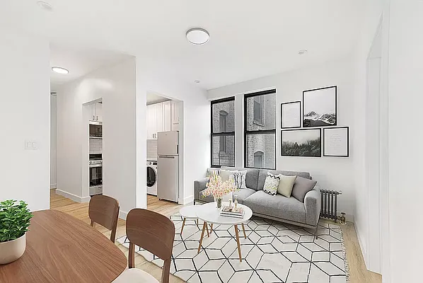 Dining room, Interior, Kitchen, Living room, Recessed Lighting, Washer, Wood Texture Flooring