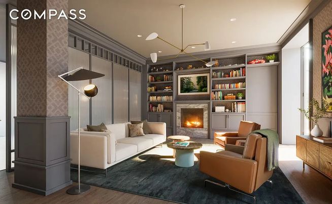 Fireplace, Interior, Living room, Pendant Lights, Recessed Lighting, Wood Texture Flooring
