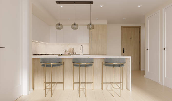 Interior, Kitchen, Pendant Lights, Recessed Lighting, Wood Texture Flooring