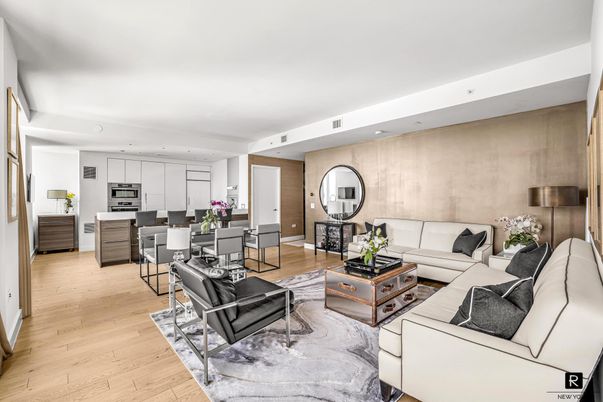 Dining room, Interior, Kitchen, Living room, Recessed Lighting, Stainless Steel Appliances, Wood Texture Flooring