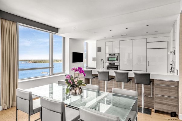 Dining room, Interior, Kitchen, Recessed Lighting, Stainless Steel Appliances, Water, Wood Texture Flooring
