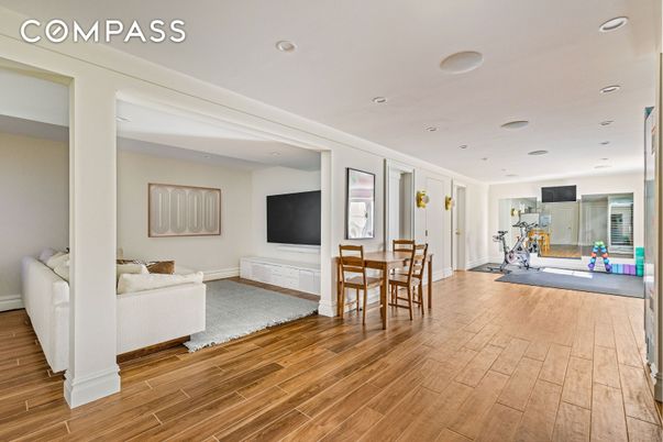Dining room, Interior, Living room, Recessed Lighting, Wood Texture Flooring