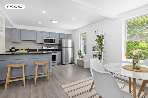 Dining room, Interior, Kitchen, Recessed Lighting, Stainless Steel Appliances, Wood Texture Flooring