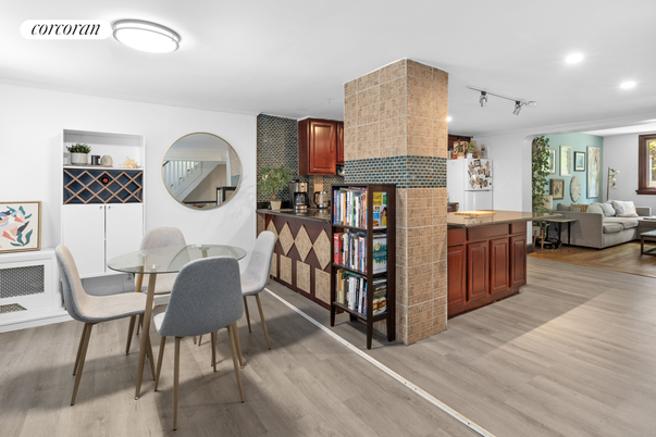 Dining room, Interior, Kitchen, Living room, Recessed Lighting, Wood Texture Flooring