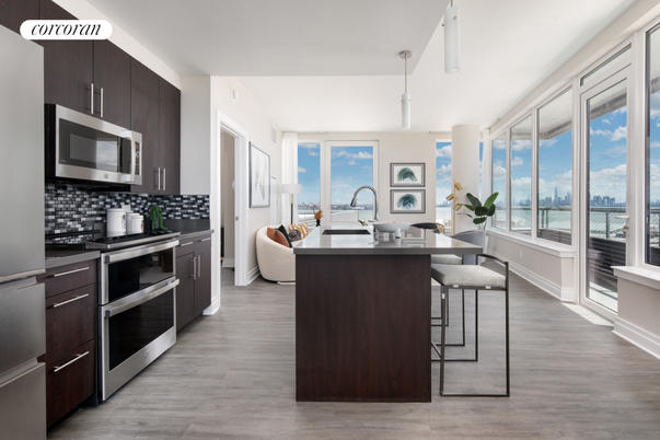 Dining room, Interior, Kitchen, Pendant Lights, Stainless Steel Appliances, Water, Wood Texture Flooring