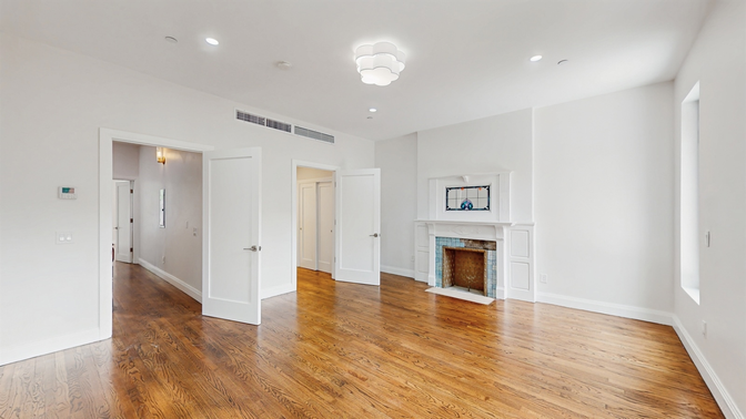 Empty room, Fireplace, Interior, Recessed Lighting, Wood Texture Flooring