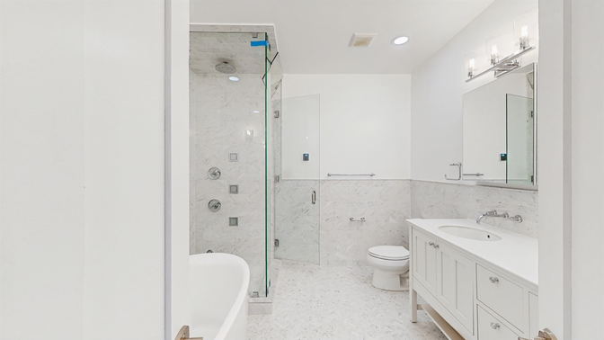 Bathroom, Glass Shower, Interior, Marble Walls, Recessed Lighting