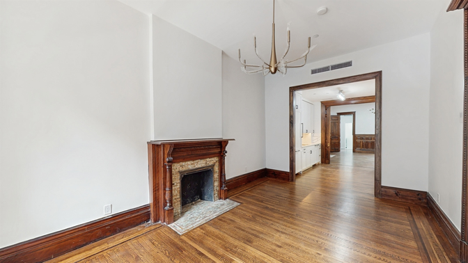 Chandelier, Empty room, Fireplace, Interior, Wood Texture Flooring