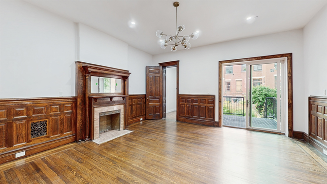 Empty room, Fireplace, Interior, Pendant Lights, Recessed Lighting, Wood Texture Flooring