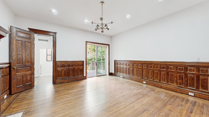 Empty room, Interior, Pendant Lights, Recessed Lighting, Wood Texture Flooring