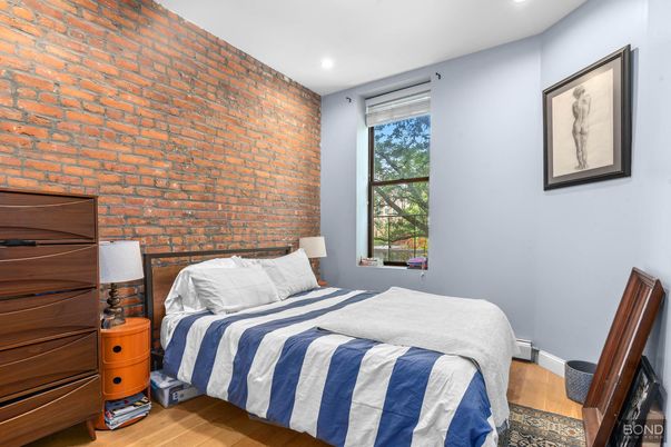 Bedroom, Interior, Recessed Lighting, Stone Walls, Wood Texture Flooring