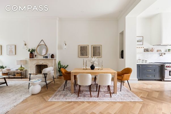 Dining room, Fireplace, Interior, Wood Texture Flooring
