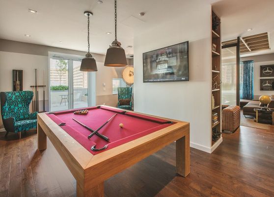 Billiard Table, Game Room, Interior, Pendant Lights, Recessed Lighting, Wood Texture Flooring