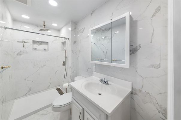 Bathroom, Glass Shower, Interior, Marble, Marble Walls, Recessed Lighting