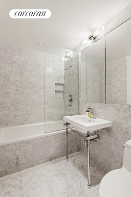 Bathroom, Glass Shower, Interior, Marble, Marble Walls, Recessed Lighting