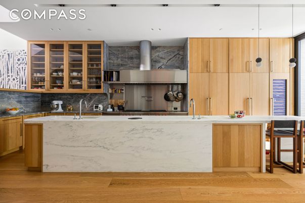 Interior, Kitchen, Marble Walls, Pendant Lights, Recessed Lighting, Stainless Steel Appliances, Wood Texture Flooring