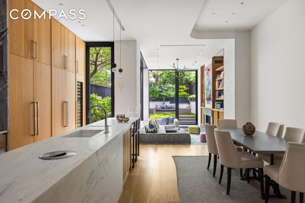 Dining room, Fireplace, Interior, Kitchen, Living room, Recessed Lighting, Wood Texture Flooring