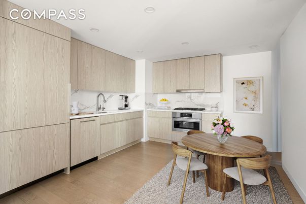 Dining room, Interior, Kitchen, Marble Walls, Recessed Lighting, Stainless Steel Appliances, Wood Texture Flooring