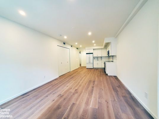Empty room, Interior, Kitchen, Recessed Lighting, Wood Texture Flooring