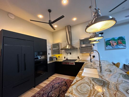 Interior, Kitchen, Pendant Lights, Recessed Lighting, Stainless Steel Appliances, Wood Texture Flooring