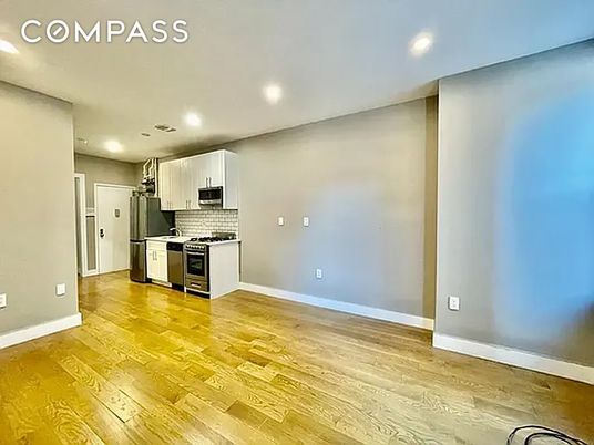 Empty room, Interior, Kitchen, Recessed Lighting, Wood Texture Flooring