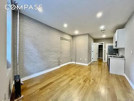 Empty room, Interior, Kitchen, Recessed Lighting, Wood Texture Flooring