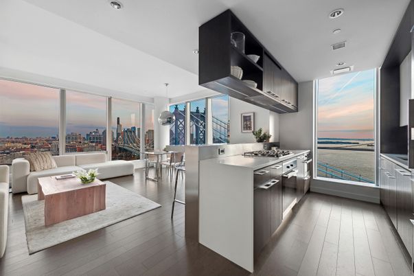 Dining room, Interior, Kitchen, Living room, Pendant Lights, Recessed Lighting, Stainless Steel Appliances, Water, Wood Texture Flooring