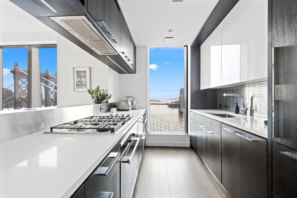 Interior, Kitchen, Recessed Lighting, Stainless Steel Appliances, Water, Wood Texture Flooring