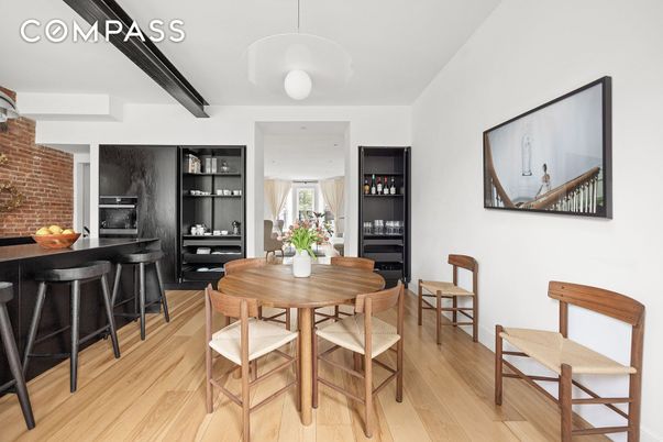 Dining room, Interior, Pendant Lights, Stone Walls, Wood Texture Flooring