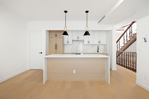 Interior, Kitchen, Marble Walls, Pendant Lights, Wood Texture Flooring