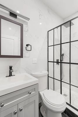 Bathroom, Glass Shower, Interior, Marble Walls, Recessed Lighting