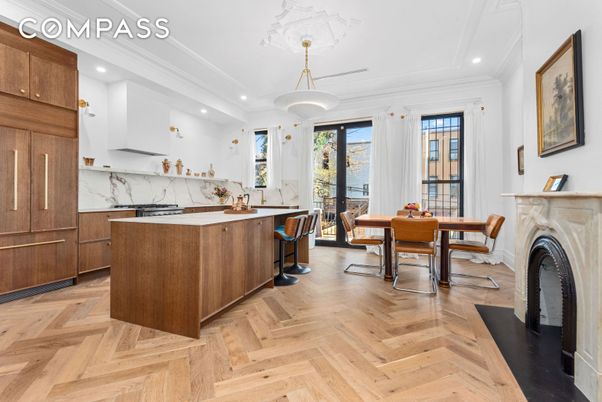 Dining room, Fireplace, Interior, Kitchen, Marble Walls, Recessed Lighting, Wood Texture Flooring