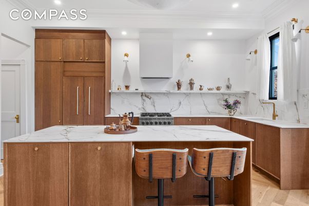 Interior, Kitchen, Marble Walls, Recessed Lighting, Wood Texture Flooring