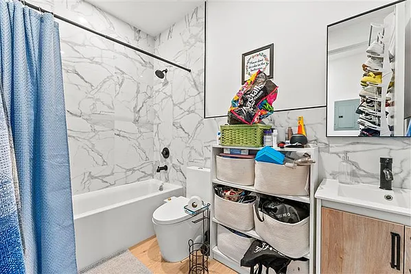 Bathroom, Interior, Marble Walls, Wood Texture Flooring